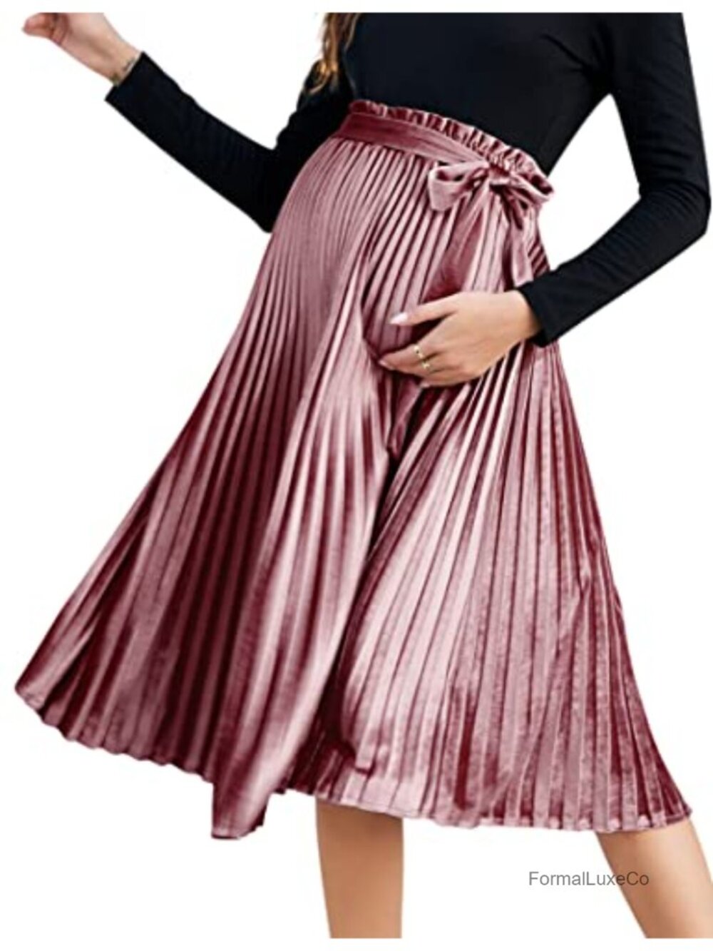 Maternity Pleated A-Line Maxi Midi Skirt with Belt High Waist Flowy